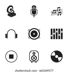 Set Of 9 Editable Sound Icons. Includes Symbols Such As Disc, Speaker And More. Can Be Used For Web, Mobile, UI And Infographic Design.
