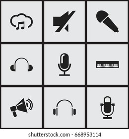Set Of 9 Editable Sound Icons. Includes Symbols Such As Earmuff, Recorder, Studio Mic And More. Can Be Used For Web, Mobile, UI And Infographic Design.