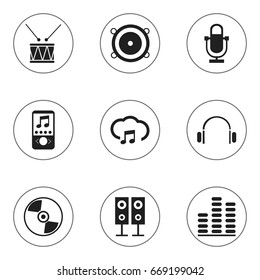 Set Of 9 Editable Sound Icons. Includes Symbols Such As Drum, Bass Speakers, Disc And More. Can Be Used For Web, Mobile, UI And Infographic Design.