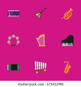 Set Of 9 Editable Sound Icons. Includes Symbols Such As Strings, Accordion, Sticks And More. Can Be Used For Web, Mobile, UI And Infographic Design.