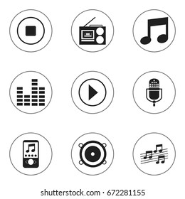 Set Of 9 Editable Sound Icons. Includes Symbols Such As Music, Cassette Player, Microphone And More. Can Be Used For Web, Mobile, UI And Infographic Design.