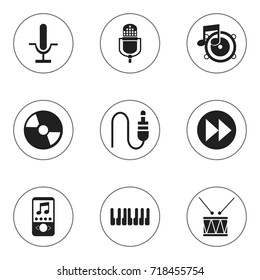 Set Of 9 Editable Sound Icons. Includes Symbols Such As Radio Mike, Drum, Music Phone And More. Can Be Used For Web, Mobile, UI And Infographic Design.