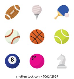 Set Of 9 Editable Sport Flat Icons. Includes Symbols Such As Miniball, Tennis, Touchdown And More. Can Be Used For Web, Mobile, UI And Infographic Design.