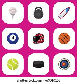 Set Of 9 Editable Sport Flat Icons. Includes Symbols Such As Darts, Washer, Hard Hat And More. Can Be Used For Web, Mobile, UI And Infographic Design.