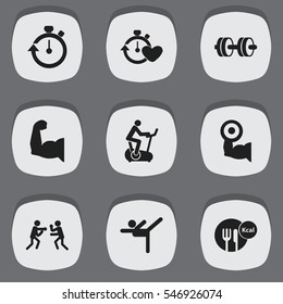 Set Of 9 Editable Sport Icons. Includes Symbols Such As Training Bike, Barbell, Heavy Training And More. Can Be Used For Web, Mobile, UI And Infographic Design.