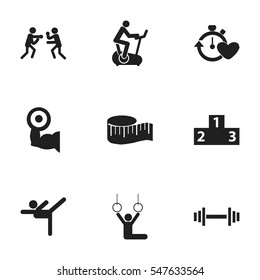 Set Of 9 Editable Sport Icons. Includes Symbols Such As Cloth Ruler, Acrobat, Platform For Winner And More. Can Be Used For Web, Mobile, UI And Infographic Design.