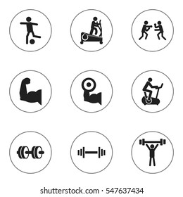 Set Of 9 Editable Sport Icons. Includes Symbols Such As Biceps, Fight, Training Bike And More. Can Be Used For Web, Mobile, UI And Infographic Design.