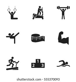 Set Of 9 Editable Sport Icons. Includes Symbols Such As Training Pool, Platform For Winner, Bodybuilding And More. Can Be Used For Web, Mobile, UI And Infographic Design.