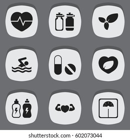 Set Of 9 Editable Sport Icons. Includes Symbols Such As Heartbeat, Weight Measurement, Fitness Drink And More. Can Be Used For Web, Mobile, UI And Infographic Design.