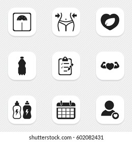 Set Of 9 Editable Sport Icons. Includes Symbols Such As Slimming, Date Plan, Weight Measurement And More. Can Be Used For Web, Mobile, UI And Infographic Design.