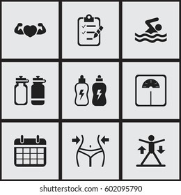 Set Of 9 Editable Sport Icons. Includes Symbols Such As Slimming, Fitness Drink, Swimming And More. Can Be Used For Web, Mobile, UI And Infographic Design.