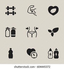 Set Of 9 Editable Sport Icons. Includes Symbols Such As Plant, Stopwatch, Energetic Beverage And More. Can Be Used For Web, Mobile, UI And Infographic Design.