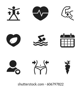 Set Of 9 Editable Sport Icons. Includes Symbols Such As Leaf In Heart, Date Plan, Root Vegetable And More. Can Be Used For Web, Mobile, UI And Infographic Design.