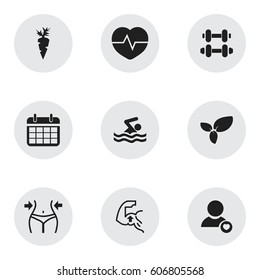 Set Of 9 Editable Sport Icons. Includes Symbols Such As Heartbeat, Date Plan, Profile And More. Can Be Used For Web, Mobile, UI And Infographic Design.