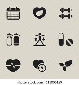 Set Of 9 Editable Sport Icons. Includes Symbols Such As Hand Barbell, Pill, Date Plan. Can Be Used For Web, Mobile, UI And Infographic Design.