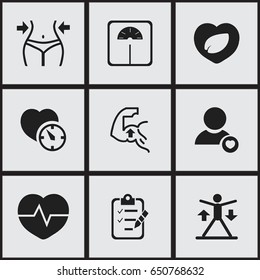 Set Of 9 Editable Sport Icons. Includes Symbols Such As Heartbeat, Profile, Stopwatch And More. Can Be Used For Web, Mobile, UI And Infographic Design.