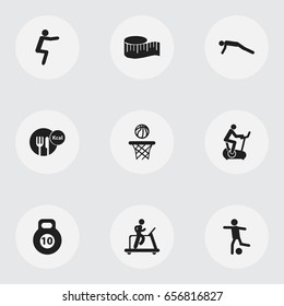 Set Of 9 Editable Sport Icons. Includes Symbols Such As Strength, Healthy Food, Physical Education And More. Can Be Used For Web, Mobile, UI And Infographic Design.