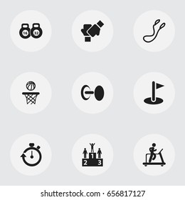 Set Of 9 Editable Sport Icons. Includes Symbols Such As Weightlifting, Gauntlet, Jump Training And More. Can Be Used For Web, Mobile, UI And Infographic Design.