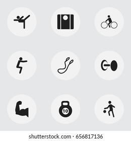 Set Of 9 Editable Sport Icons. Includes Symbols Such As Sportsman, Biceps, Acrobatics And More. Can Be Used For Web, Mobile, UI And Infographic Design.