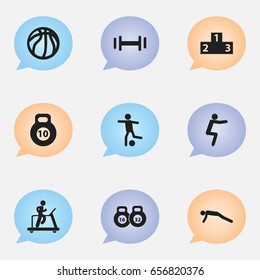 Set Of 9 Editable Sport Icons. Includes Symbols Such As Workout, Basket Play, Weightlifting And More. Can Be Used For Web, Mobile, UI And Infographic Design.