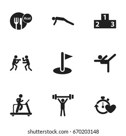 Set Of 9 Editable Sport Icons. Includes Symbols Such As Healthy Food, Physical Education, Bodybuilding And More. Can Be Used For Web, Mobile, UI And Infographic Design.