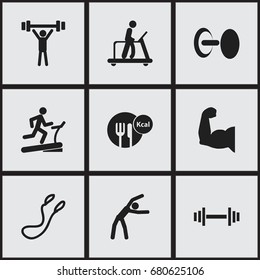 Set Of 9 Editable Sport Icons. Includes Symbols Such As Racetrack Training, Bodybuilding, Exercise And More. Can Be Used For Web, Mobile, UI And Infographic Design.