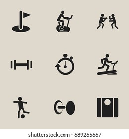 Set Of 9 Editable Sport Icons. Includes Symbols Such As Racetrack Training, Heft, Training Bicycle And More. Can Be Used For Web, Mobile, UI And Infographic Design.