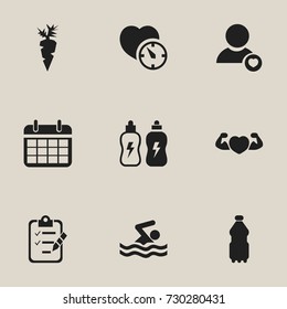 Set Of 9 Editable Sport Icons. Includes Symbols Such As Date Plan, Sport Water, Stopwatch And More. Can Be Used For Web, Mobile, UI And Infographic Design.