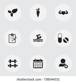 Set Of 9 Editable Sport Icons. Includes Symbols Such As Date Plan, Pill, Root Vegetable And More. Can Be Used For Web, Mobile, UI And Infographic Design.