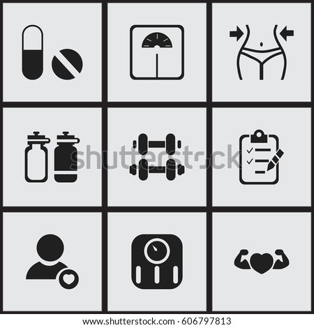 Set Of 9 Editable Sport Icons. Includes Symbols Such As Questionnaire, Scales, Hand Barbell. Can Be Used For Web, Mobile, UI And Infographic Design.