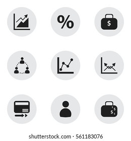 Set Of 9 Editable Statistic Icons. Includes Symbols Such As Money Bag, Progress, Schema And More. Can Be Used For Web, Mobile, UI And Infographic Design.