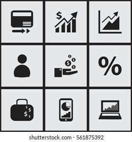 Set Of 9 Editable Statistic Icons. Includes Symbols Such As Pay Redeem, Equalizer Display, Phone Statistics And More. Can Be Used For Web, Mobile, UI And Infographic Design.