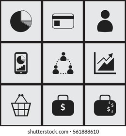 Set Of 9 Editable Statistic Icons. Includes Symbols Such As Bank Payment, Trading Purse, Progress And More. Can Be Used For Web, Mobile, UI And Infographic Design.