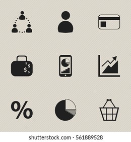 Set Of 9 Editable Statistic Icons. Includes Symbols Such As Cash Briefcase, User, Transmission And More. Can Be Used For Web, Mobile, UI And Infographic Design.