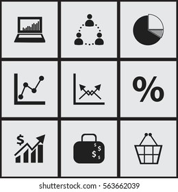 Set Of 9 Editable Statistic Icons. Includes Symbols Such As Percent, Schema, Equalizer Display And More. Can Be Used For Web, Mobile, UI And Infographic Design.