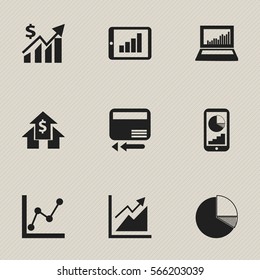 Set Of 9 Editable Statistic Icons. Includes Symbols Such As Phone Statistics, Banking House, Equalizer Display And More. Can Be Used For Web, Mobile, UI And Infographic Design.