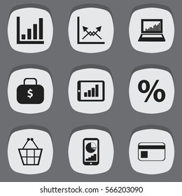 Set Of 9 Editable Statistic Icons. Includes Symbols Such As Statistic, Equalizer Display, Money Bag And More. Can Be Used For Web, Mobile, UI And Infographic Design.