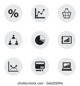 Set Of 9 Editable Statistic Icons. Includes Symbols Such As Pay Redeem, Graph Information, Equalizer Display And More. Can Be Used For Web, Mobile, UI And Infographic Design.