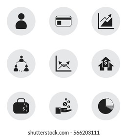 Set Of 9 Editable Statistic Icons. Includes Symbols Such As User, Banking House, Schema And More. Can Be Used For Web, Mobile, UI And Infographic Design.