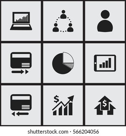 Set Of 9 Editable Statistic Icons. Includes Symbols Such As Bar Chart, Credit Card, Pay Redeem And More. Can Be Used For Web, Mobile, UI And Infographic Design.