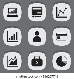 Set Of 9 Editable Statistic Icons. Includes Symbols Such As Money Bag, Circle Diagram, Credit Card And More. Can Be Used For Web, Mobile, UI And Infographic Design.
