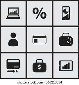 Set Of 9 Editable Statistic Icons. Includes Symbols Such As Percent, Cash Briefcase, Bank Payment And More. Can Be Used For Web, Mobile, UI And Infographic Design.