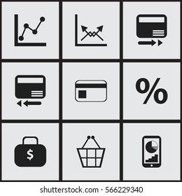 Set Of 9 Editable Statistic Icons. Includes Symbols Such As Bank Payment, Credit Card, Graph Information And More. Can Be Used For Web, Mobile, UI And Infographic Design.