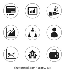 Set Of 9 Editable Statistic Icons. Includes Symbols Such As Credit Card, Schema, Cash Briefcase And More. Can Be Used For Web, Mobile, UI And Infographic Design.