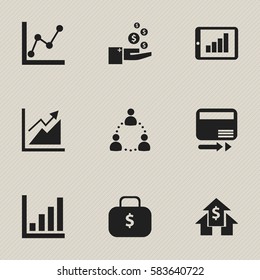 Set Of 9 Editable Statistic Icons. Includes Symbols Such As Profit, Graph Information, Transmission And More. Can Be Used For Web, Mobile, UI And Infographic Design.