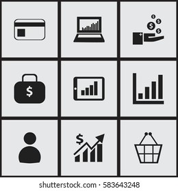 Set Of 9 Editable Statistic Icons. Includes Symbols Such As Profit, Bank Payment, Equalizer Display And More. Can Be Used For Web, Mobile, UI And Infographic Design.