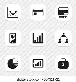 Set Of 9 Editable Statistic Icons. Includes Symbols Such As Money Bag, Phone Statistics, Statistic And More. Can Be Used For Web, Mobile, UI And Infographic Design.