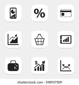 Set Of 9 Editable Statistic Icons. Includes Symbols Such As Cash Briefcase, Percent, Trading Purse And More. Can Be Used For Web, Mobile, UI And Infographic Design.