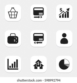 Set Of 9 Editable Statistic Icons. Includes Symbols Such As User, Banking House, Credit Card And More. Can Be Used For Web, Mobile, UI And Infographic Design.