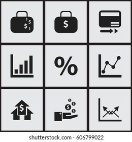 Set Of 9 Editable Statistic Icons. Includes Symbols Such As Banking House, Profit, Money Bag And More. Can Be Used For Web, Mobile, UI And Infographic Design.